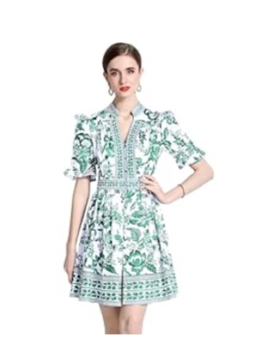 Lai Meng Five Cats Dresses & Skirts - Lai Meng Five Cats Women's Puff Sleeve V-Neck Print Split Mini Dress, XS, NWT